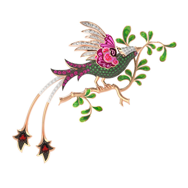 Брошь из золота c эмаль , фианитом и гранатом