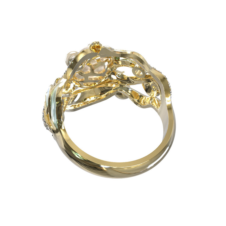 Кольцо из лимонного золота c эмаль , бриллиантами, жемчугом и перламутром