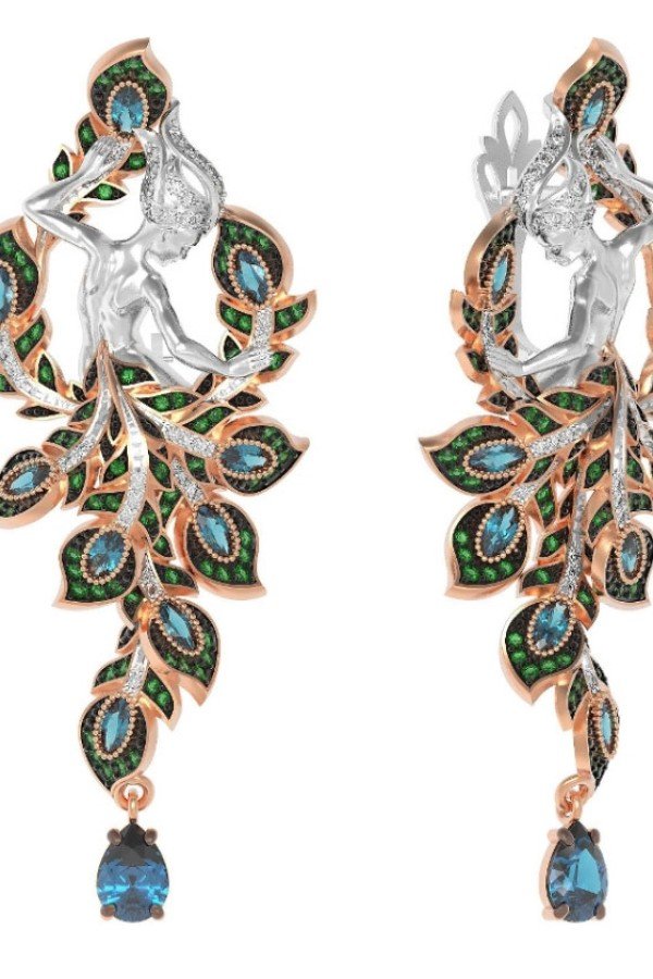 Серьги из золота 585 пробы c фианитом и топазом London Blue