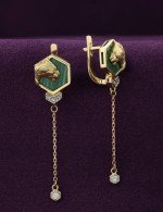 Серьги из лимонного золота 585 пробы c бриллиантами и малахитом