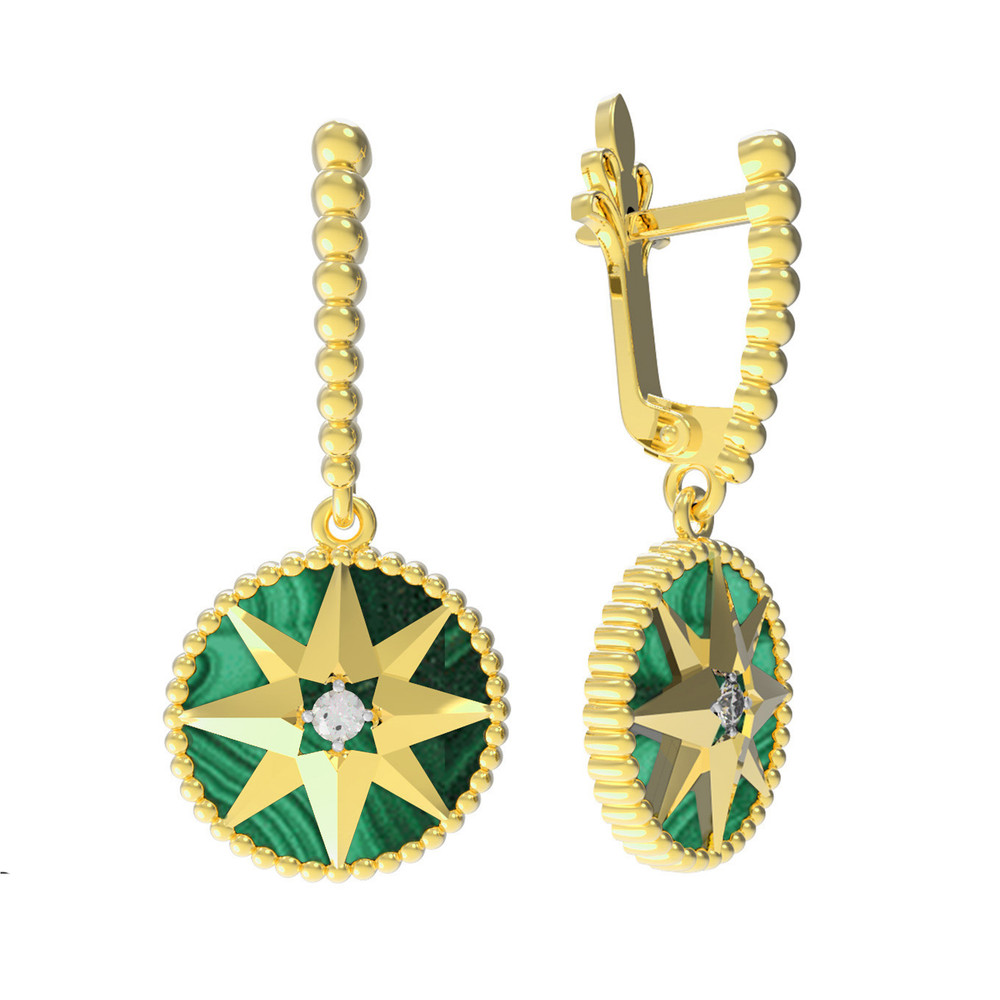 Серьги из лимонного золота c фианитом и малахитом