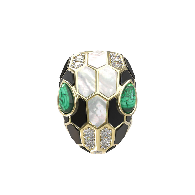 Кольцо из лимонного золота c бриллиантами, рубином, ониксом, малахитом и перламутром