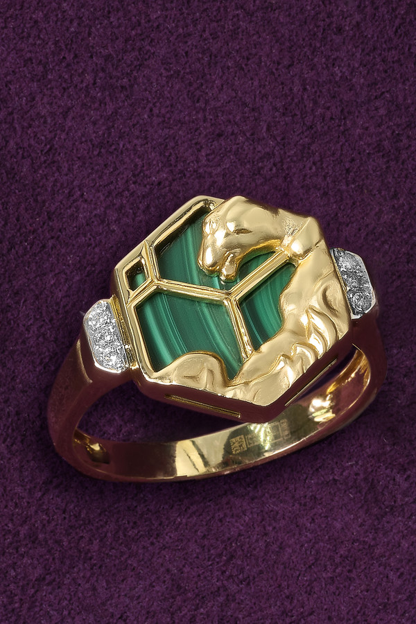 Кольцо из лимонного золота c бриллиантами и малахитом