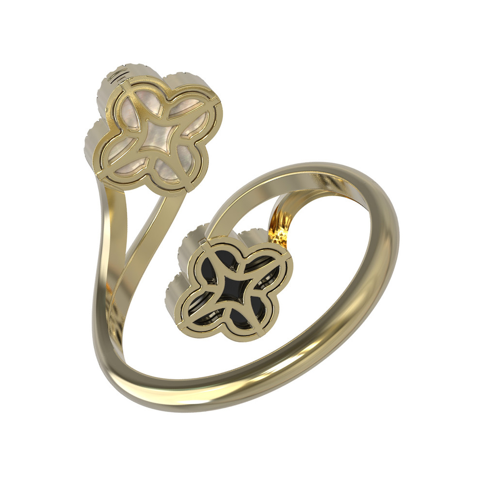 Кольцо из лимонного золота c бриллиантами, ониксом и перламутром