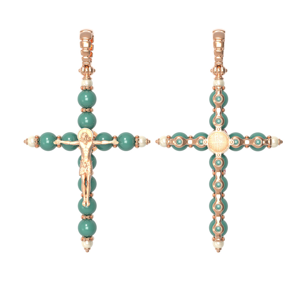Крест из золота c жемчугом и бирюзой