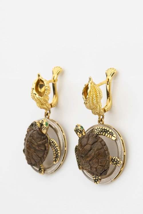 Серьги из лимонного золота c эмаль и железным деревом