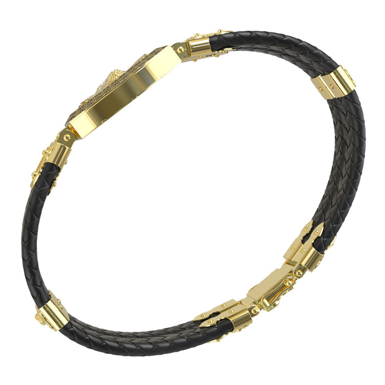 Браслет из лимонного золота c эмаль , шнурком и ониксом