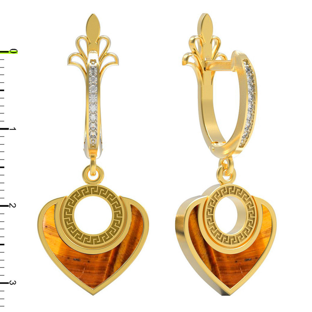 Серьги из лимонного золота c фианитом и тигровым глазом