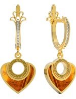 Серьги из лимонного золота 585 пробы c фианитом и тигровым глазом