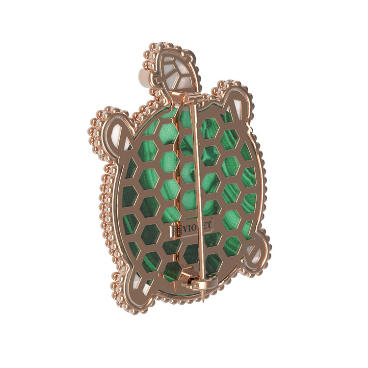 Брошь из золота c эмаль , малахитом и перламутром