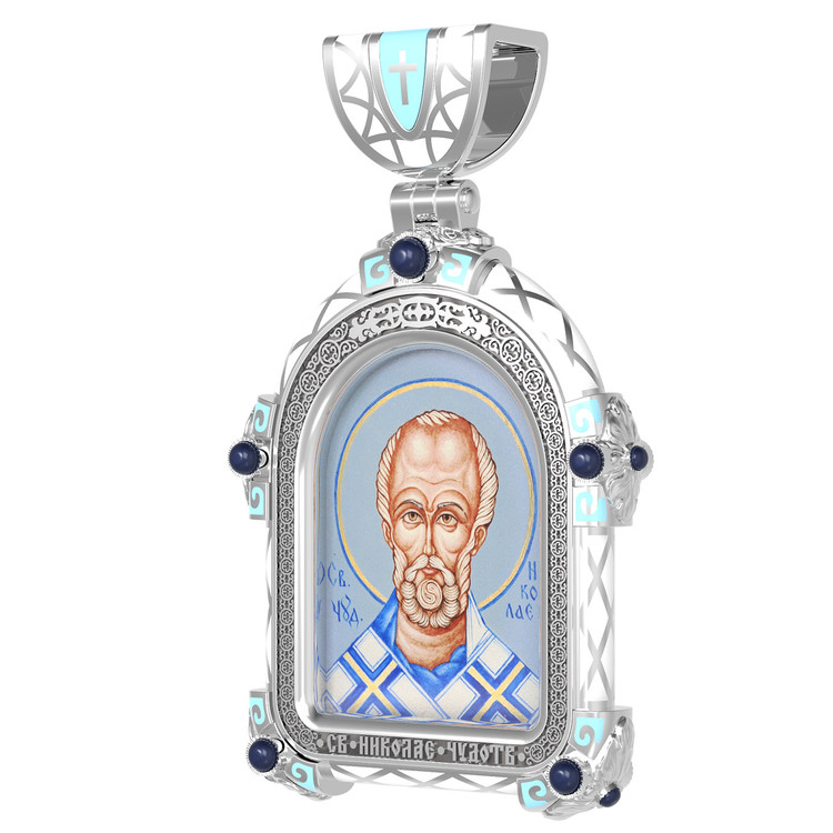 Образок из белого золота c эмаль , иконописью и темперой