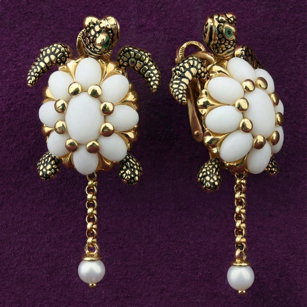 Серьги из лимонного золота c эмаль , жемчугом и бивнем мамонта