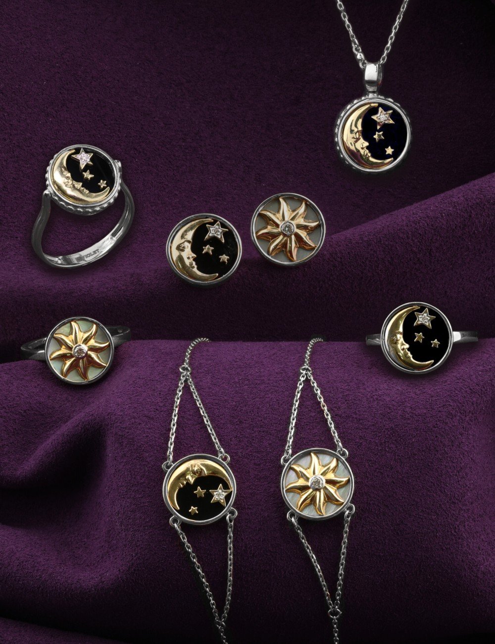 Серьги из белого золота 585 пробы c бриллиантами, ониксом и перламутром