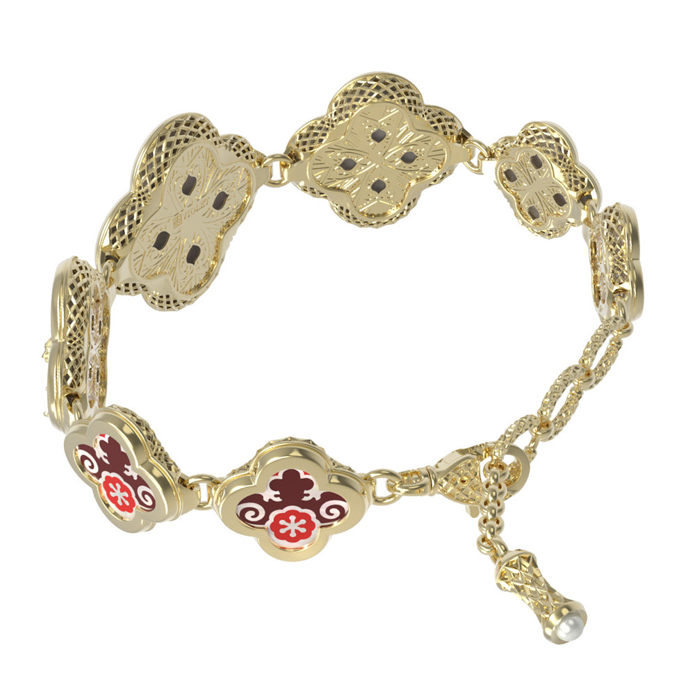 Браслет из лимонного золота c эмаль , жемчугом и перламутром