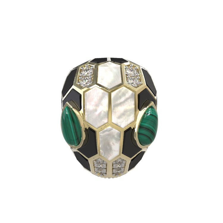 Кольцо из лимонного золота c бриллиантами, рубином, ониксом, малахитом и перламутром