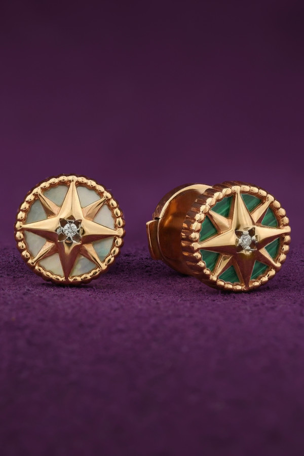 Серьги из золота c бриллиантами, малахитом и перламутром