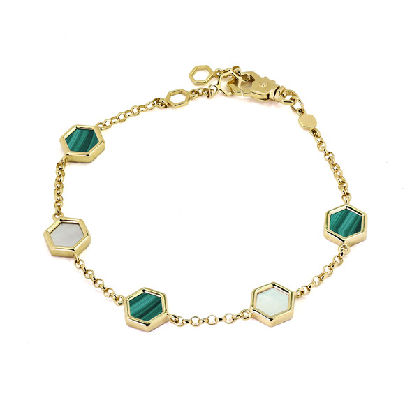 Браслет из лимонного золота c малахитом и перламутром