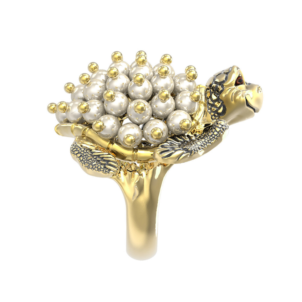 Кольцо из лимонного золота c эмаль и жемчугом