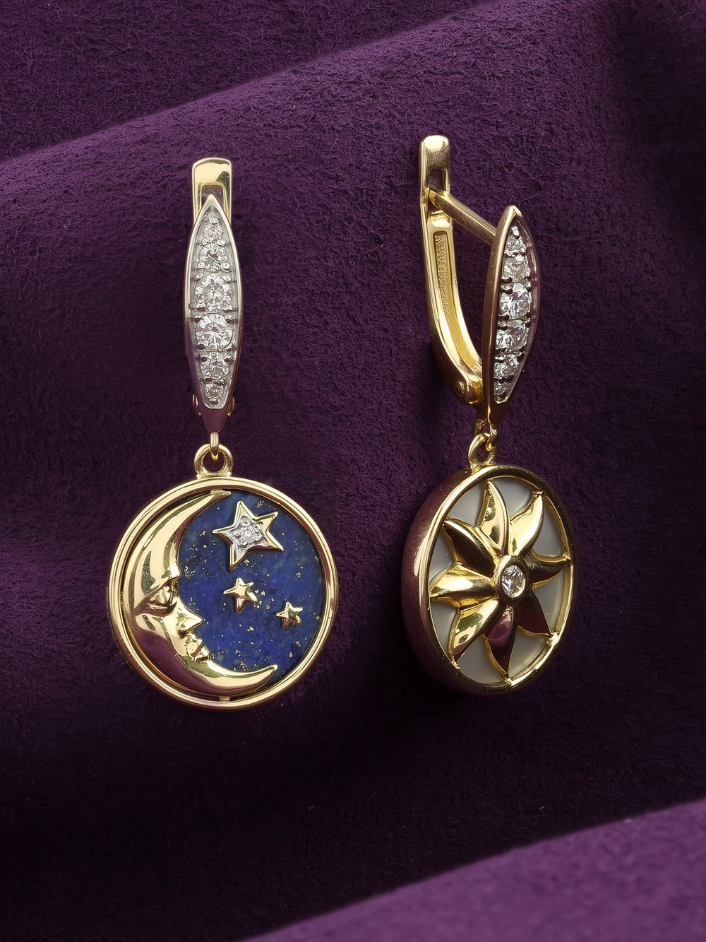 Серьги из лимонного золота c бриллиантами, лазуритом и перламутром