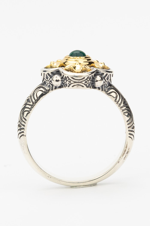 Кольцо из серебра и золота c хризопразом и рубином