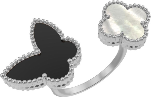 Кольцо из белого золота c ониксом и перламутром