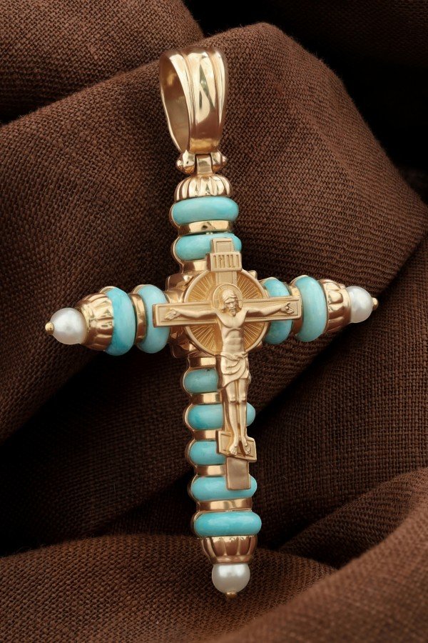 Крест из золота c жемчугом и бирюзой
