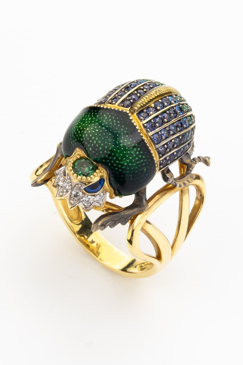 Кольцо из лимонного золота c эмаль , фианитом и турмалином