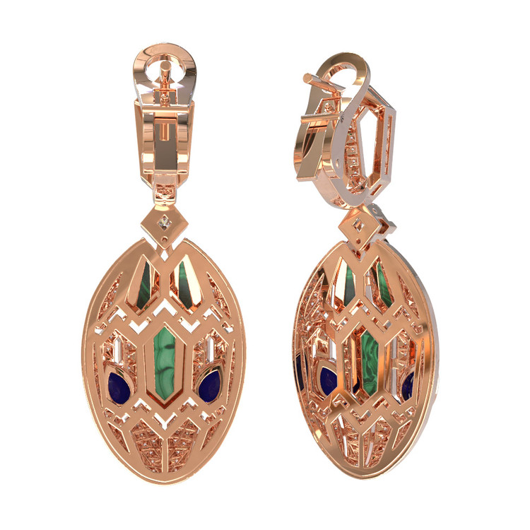 Серьги из золота c бриллиантами, сапфиром и малахитом