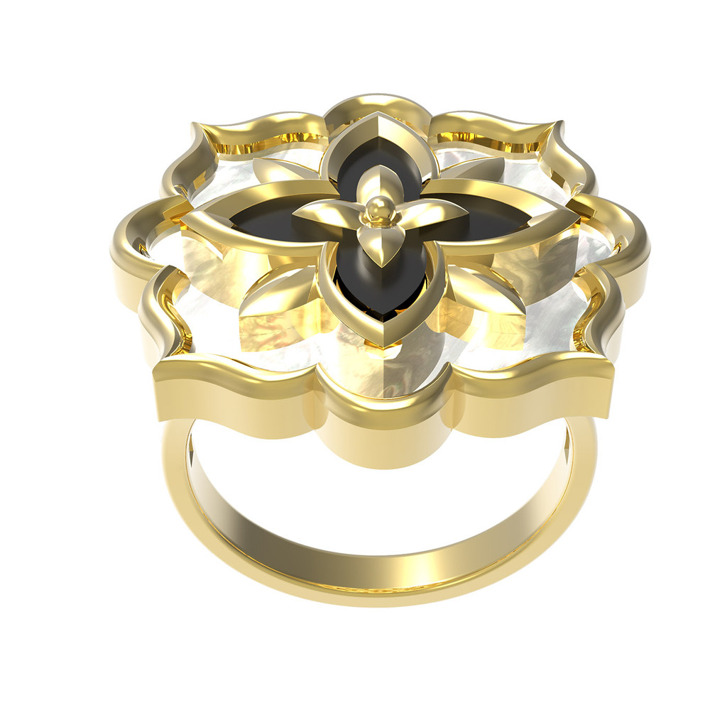 Кольцо из лимонного золота c ониксом и перламутром