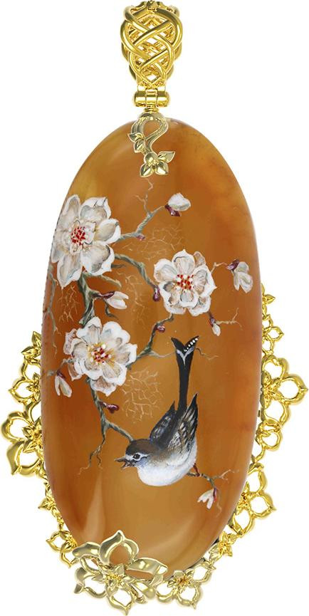 Подвеска из лимонного золота c росписным янтарём