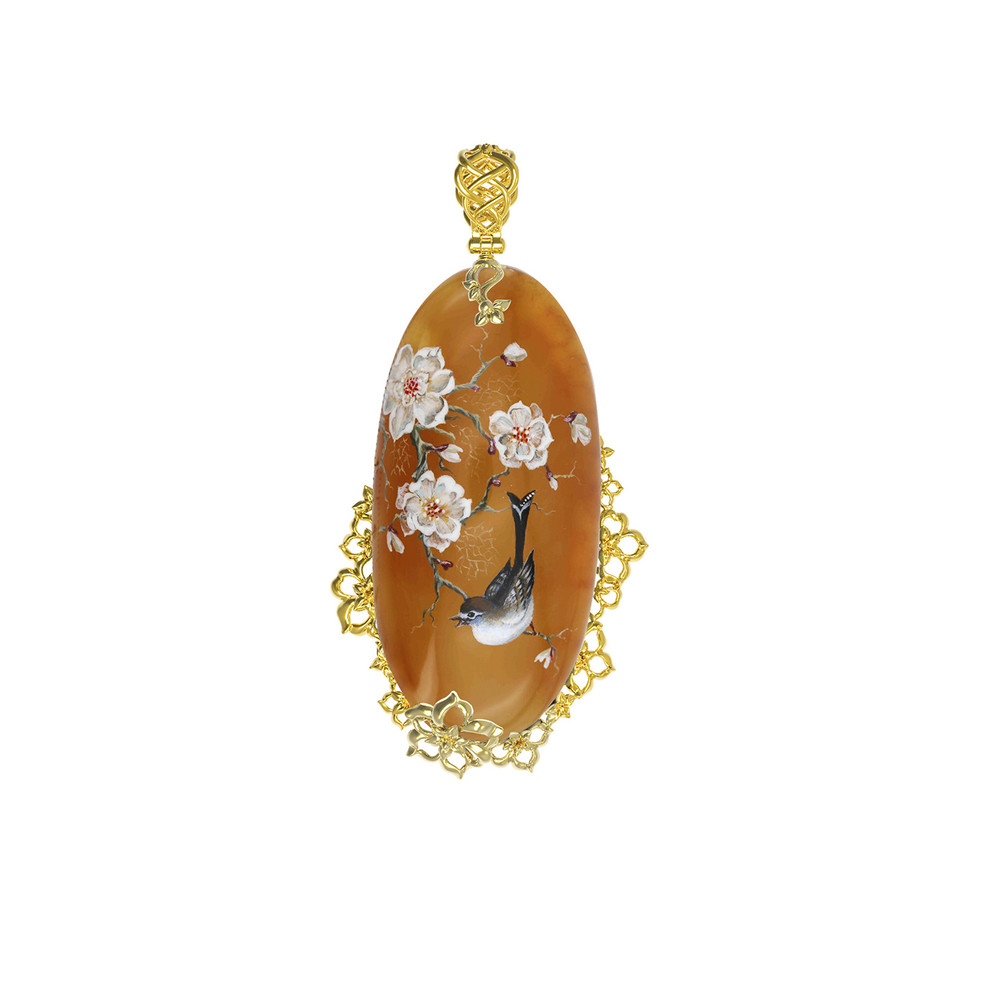 Подвеска из лимонного золота c росписным янтарём