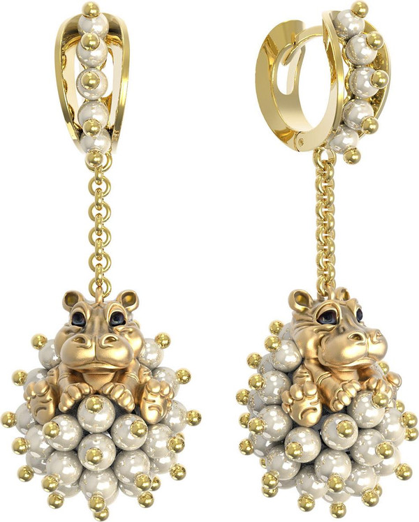 Серьги из лимонного золота c эмаль и жемчугом