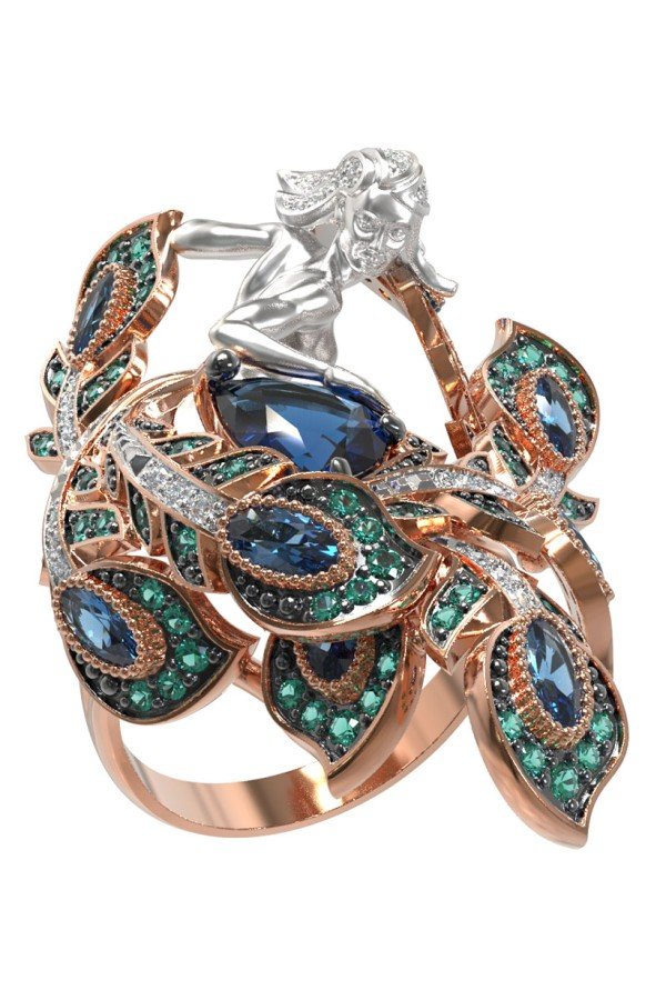 Кольцо из золота 585 пробы c фианитом и топазом London Blue