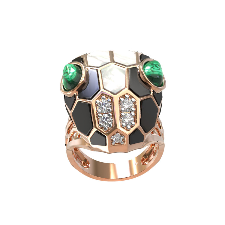 Кольцо из золота c бриллиантами, рубином, ониксом, малахитом и перламутром