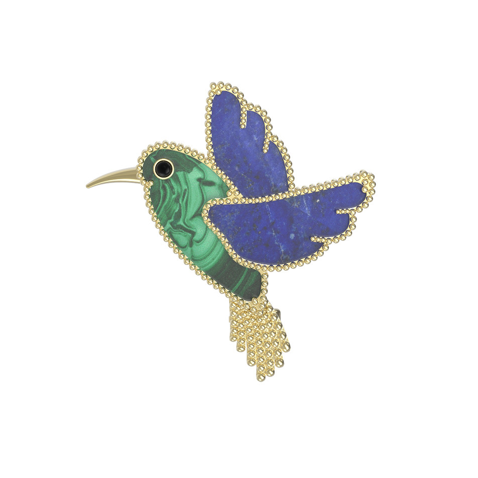 Брошь из лимонного золота c эмаль , лазуритом и малахитом