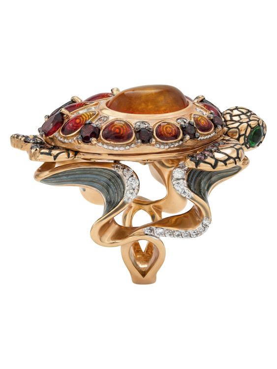 Кольцо из золота c эмаль , фианитом, гранатом и янтарём