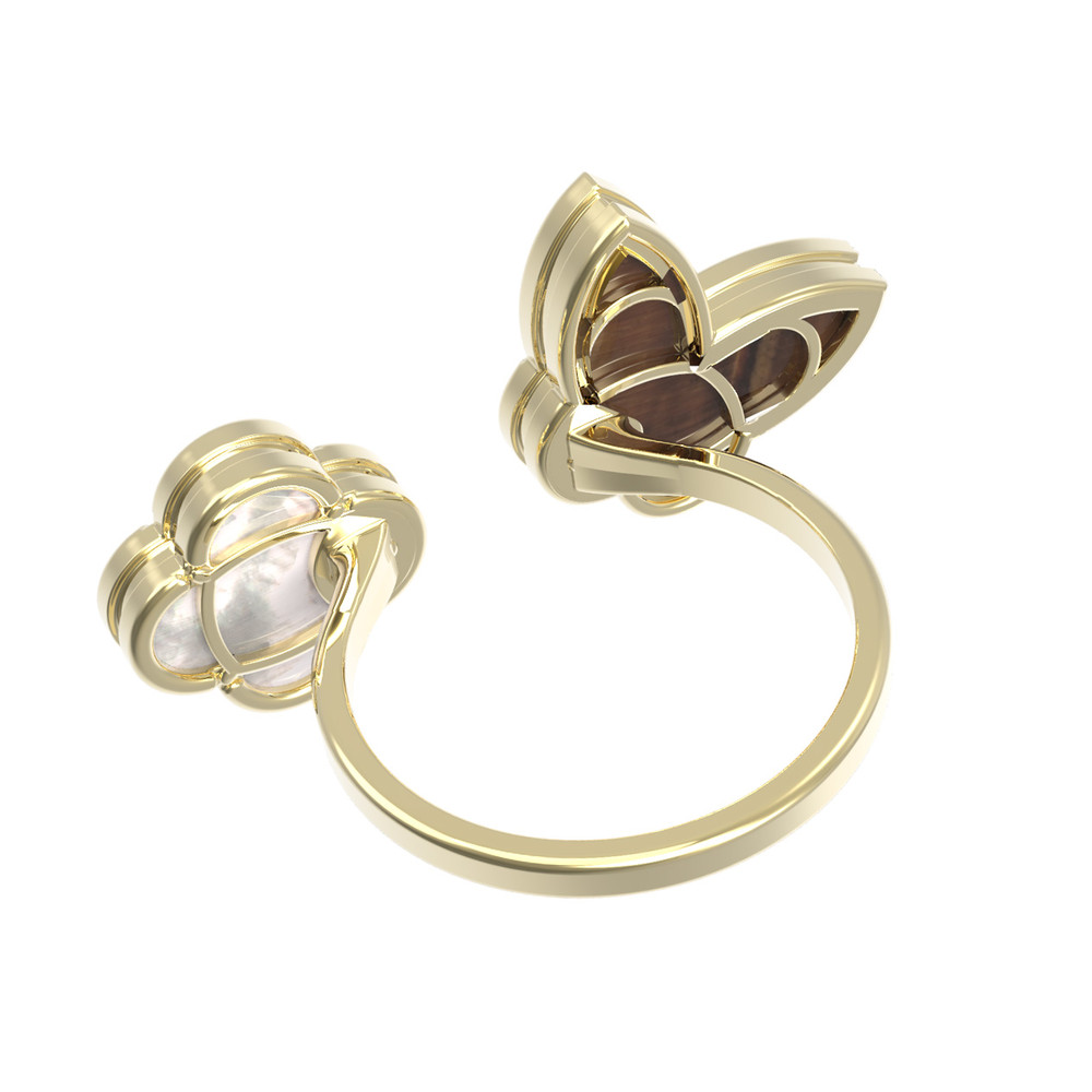 Кольцо из лимонного золота c тигровым глазом и перламутром