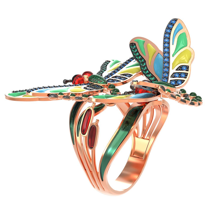 Кольцо из золота c сапфиром, изумрудом и эмалью