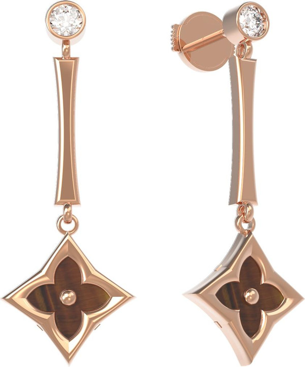 Серьги из золота c фианитом и тигровым глазом