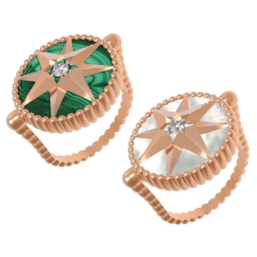 Кольцо из золота c фианитом, малахитом и перламутром