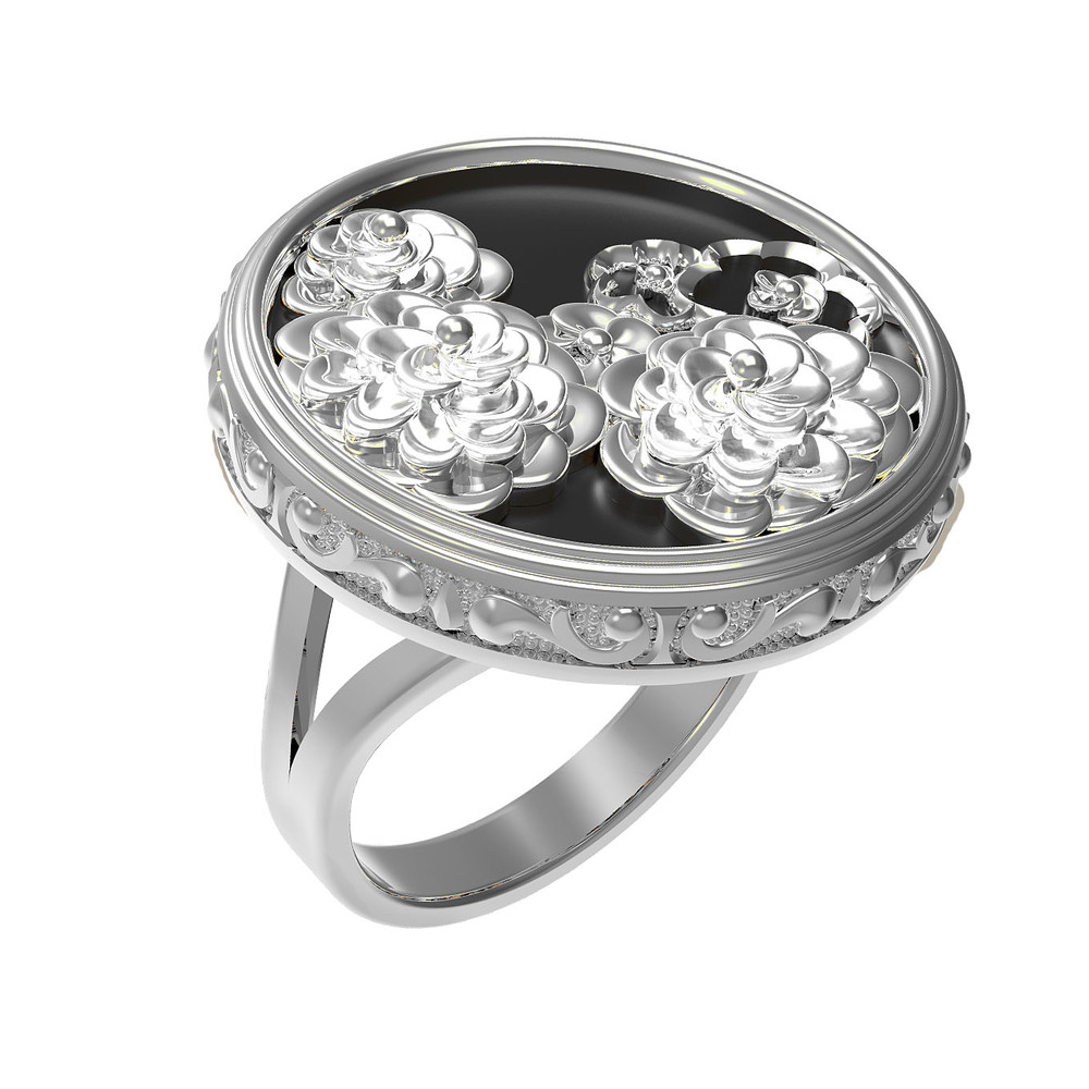 Кольцо из белого золота c ониксом и перламутром