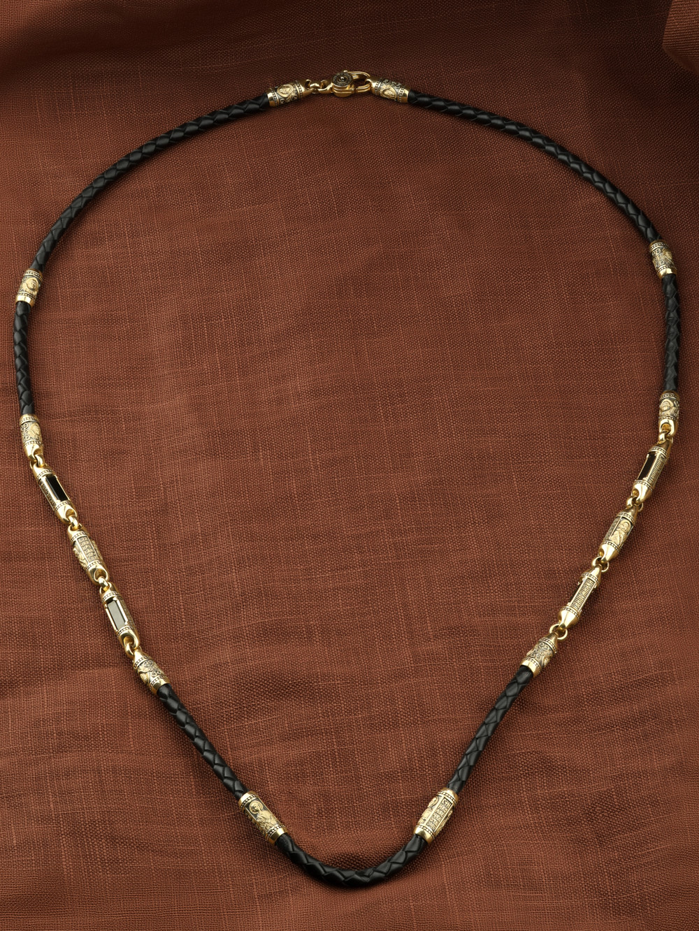 Шнурок кожаный из лимонного золота c кожаным шнурком и ониксом