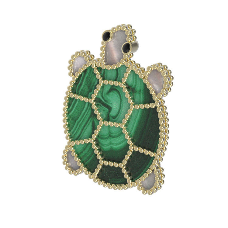 Брошь из лимонного золота c эмаль , малахитом и перламутром