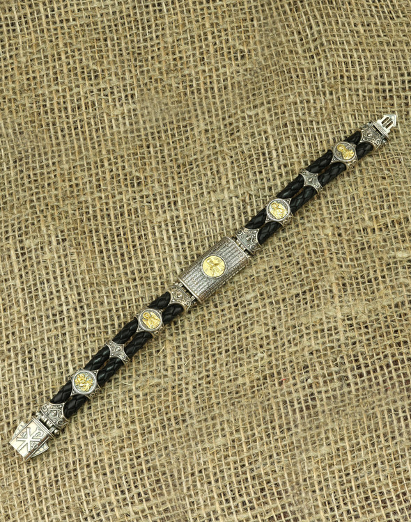 Браслет из серебра и золота c кожаным шнурком