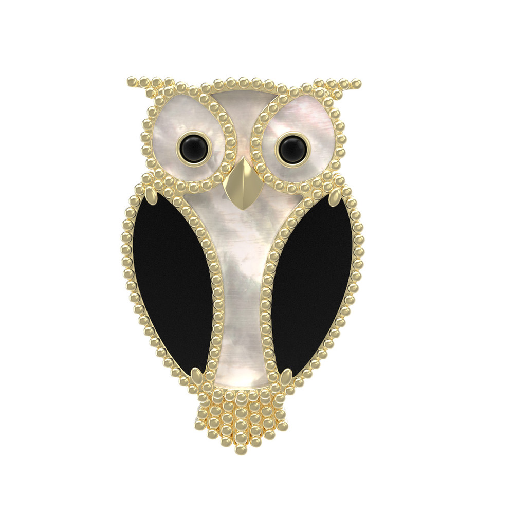 Брошь из лимонного золота c эмаль , ониксом и перламутром