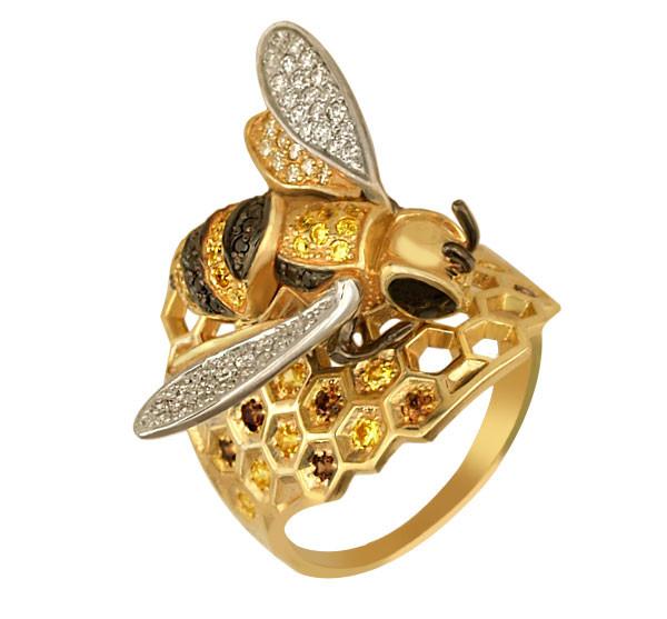 Кольцо из лимонного золота c эмаль и фианитом