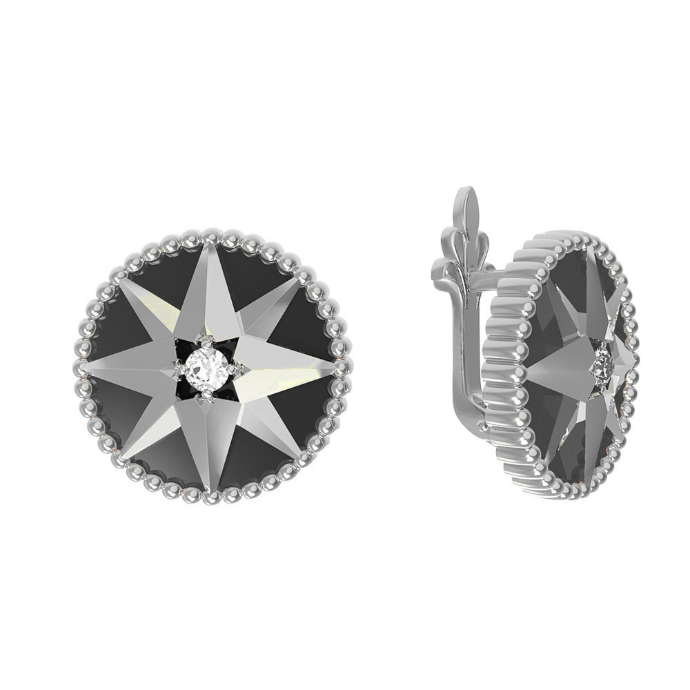 Серьги из белого золота c фианитом и ониксом