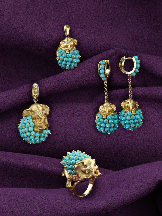 Кольцо из лимонного золота c эмаль и бирюзой