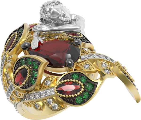 Кольцо из лимонного золота c фианитом и гранатом