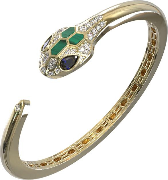 Браслет из лимонного золота c бриллиантами, сапфиром и малахитом